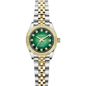 Classic Watch Stainless Steel Band Silver tone Gold and Green accents NWT